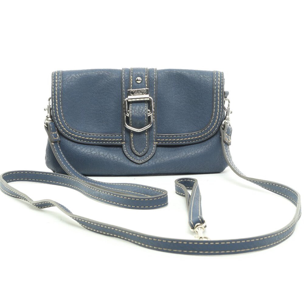 Chaps Leather Clutch Purse Crossbody Women‘s Bag 9x5.5x2 Blue/Silver